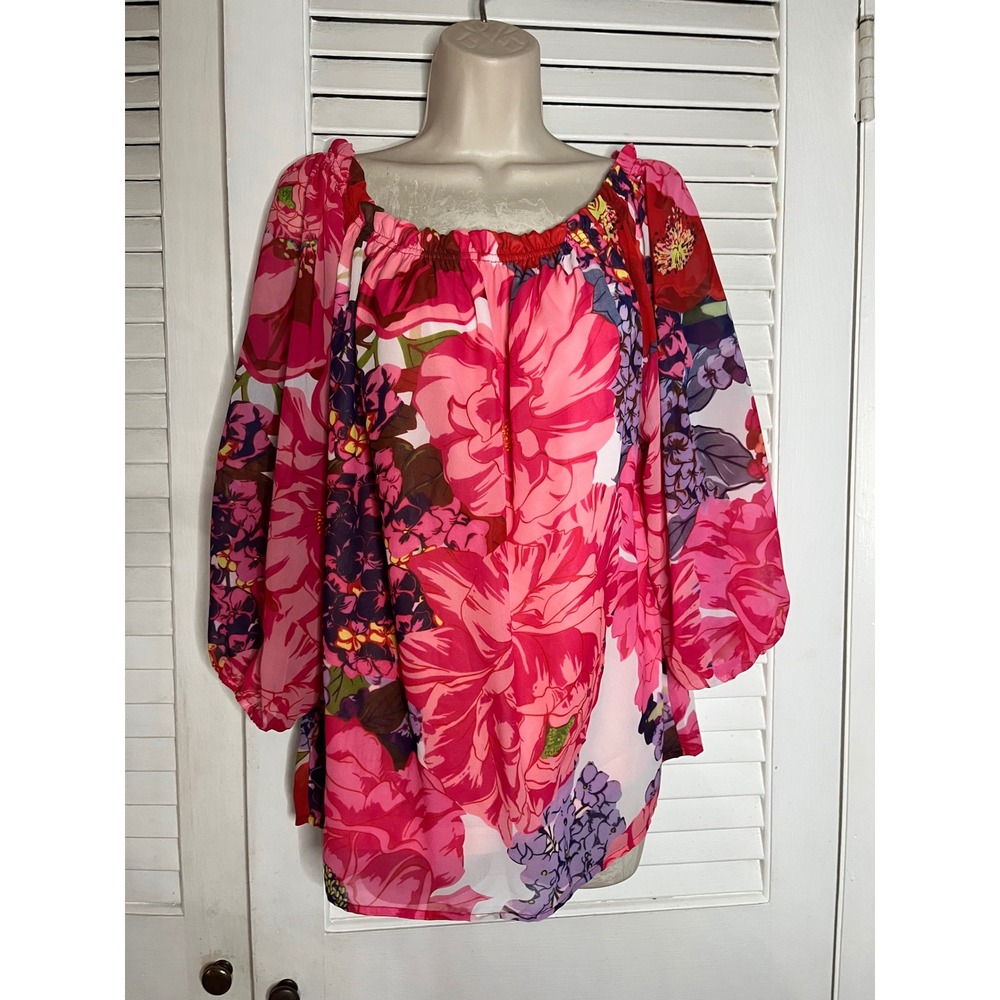 Carré Noir Womens Off Shoulder Floral Print Blouse Top L G Pink Purple